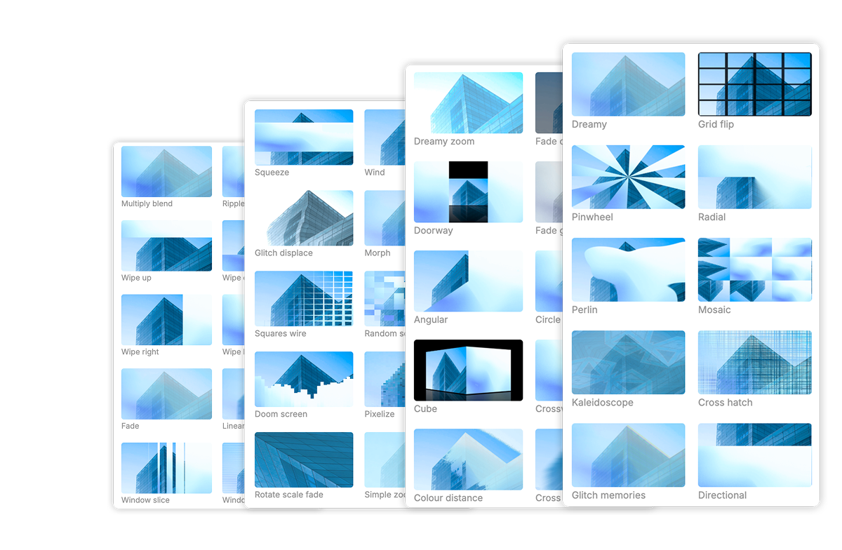 Grid of Visla video transition styles including fades, wipes, zooms, glitches, and geometric reveals
